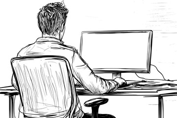 Wall Mural - The continuous line illustration shows a man sitting in front of a computer in modern times