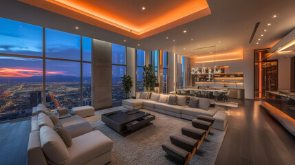 modern penthouse living room with luxurious furniture, ambient lighting, and a grand open layout wit