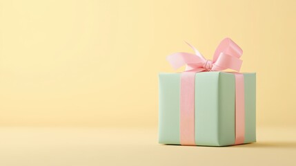 A pastel gift box with a pink ribbon on a soft yellow background, symbolizing celebration.