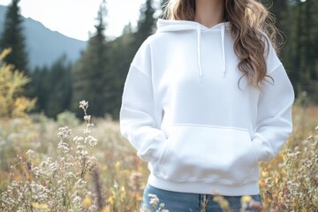 Wall Mural - close-up of woman wearing white blank hoodie mockup, standing in mountains