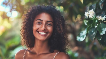 Sticker - A beautiful young woman with curly hair smiles brightly.