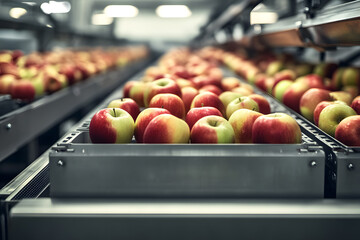 Apples in a food processing facility, clean and fresh, ready for automated packing. Concept for a healthy food company with automated manufacturing of food and fruits. Generative AI