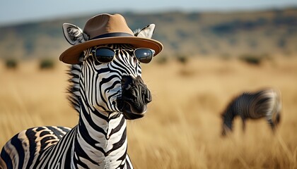 Wall Mural - Stylish zebra sporting hat and sunglasses in the savannah, perfect for adventure-themed designs with ample copy space