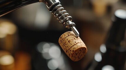 A close-up of a corkscrew opening a wine bottle, with the cork just beginning to pop out