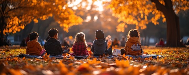 Children enjoying a serene autumn day surrounded by colorful leaves, capturing the essence of fall and friendship.