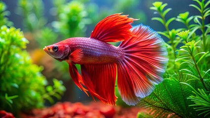 A stunning red betta fish poses elegantly, its flared fins fluttering gently, amidst a tranquil glass tank filled