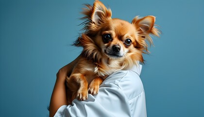 Wall Mural - Caring veterinarian with chihuahua against vibrant blue backdrop, highlighting dedication to animal health and well-being.