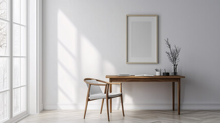 Wall Mural - Scandinavian-inspired minimalist home office with a wooden desk, white walls, simple accessories, and a comfortable chair