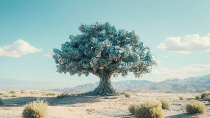 A solitary tree standing majestically in a serene landscape under a clear blue sky.