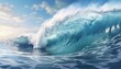 © Anasaiimages - Large, powerful blue wave crashing into the ocean, creating white foam. Ideal for backgrounds, energy, power, nature, and water related concepts. Generative AI