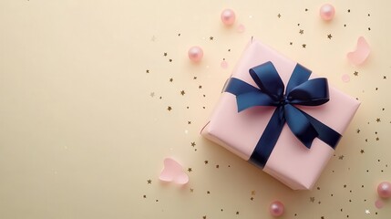 Wall Mural - A pink gift box with a navy bow, surrounded by decorative elements on a soft background.