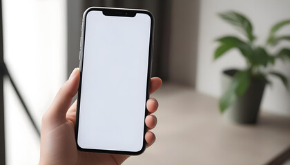 Cell phone white screen mockup, Woman hand holding mobile phone with blank screen while working at coffee shop. Business woman using smartphone, mockup for social media marketing