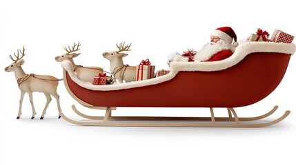 Wall Mural - Santa Claus is happily seated in his decorated sleigh, led by reindeer. Christmas presents are stacked in the sleigh, capturing the festive spirit of the holiday season