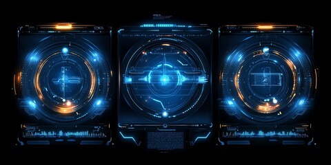 Three futuristic interfaces with blue and orange glowing circles and lines.