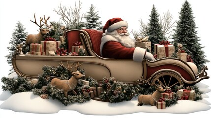 Wall Mural - Santa Claus is happily seated in his decorated sleigh, led by reindeer. Christmas presents are stacked in the sleigh, capturing the festive spirit of the holiday season