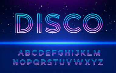 Disco font, purple neon line typeface or retro musical party light type