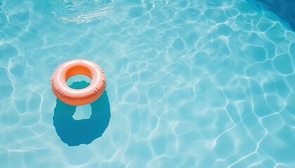 A round buoy floats in blue pool water. Perfect for summer vacation, travel, relaxation, pool parties, swimming pools, and water sports themes. Generative AI