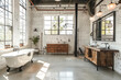 © MVProductions - Industrial loft style bathroom background, white brick wall and polished concrete floor decorate with black steel tube,Furnished wood furniture.