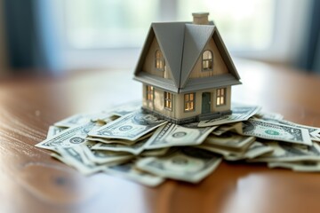 Illuminated model house with a gray roof placed on dollar bills on a wooden surface