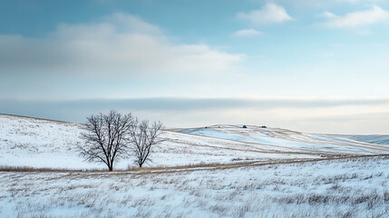 Winter countryside with rolling hills covered in snow, a few bare trees, and a calm, peaceful sky