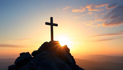 Majestic silhouette of a Christian cross atop a mountain against a breathtaking sunrise backdrop