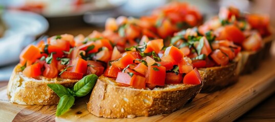 Close Up Fresh Italian Bruschetta With Tomatoes And Herbs On A Wooden Chopping Board.