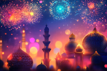 Eid background with traditional motifs and fireworks in bright, cheerful colours