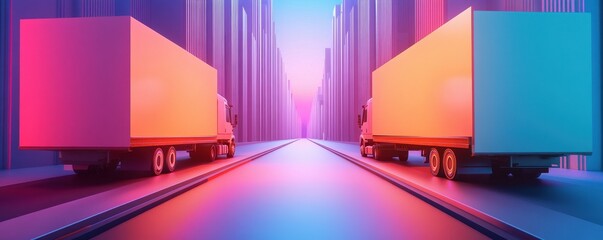 Two modern delivery trucks parked on a futuristic city street, illuminated by vibrant neon lights.