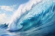 © Anasaiimages - Large, powerful blue wave crashing into the ocean, creating white foam. Ideal for backgrounds, energy, power, nature, and water related concepts. Generative AI