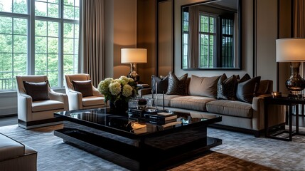 Elegant and luxurious living room design featuring dark wood furniture a statement black coffee table and layered lighting that creates a cozy and sophisticated atmosphere