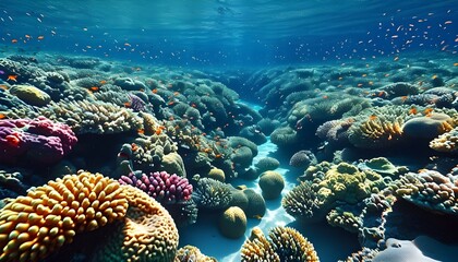 Vibrant underwater coral reef bustling with diverse marine life in a thriving ocean ecosystem