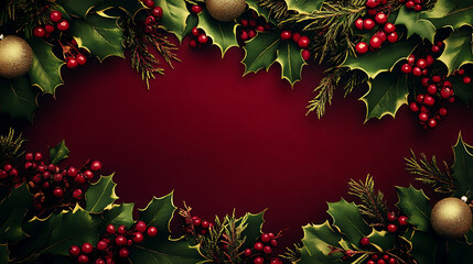 Classic Christmas background with traditional red and green colours, holly, and mistletoe