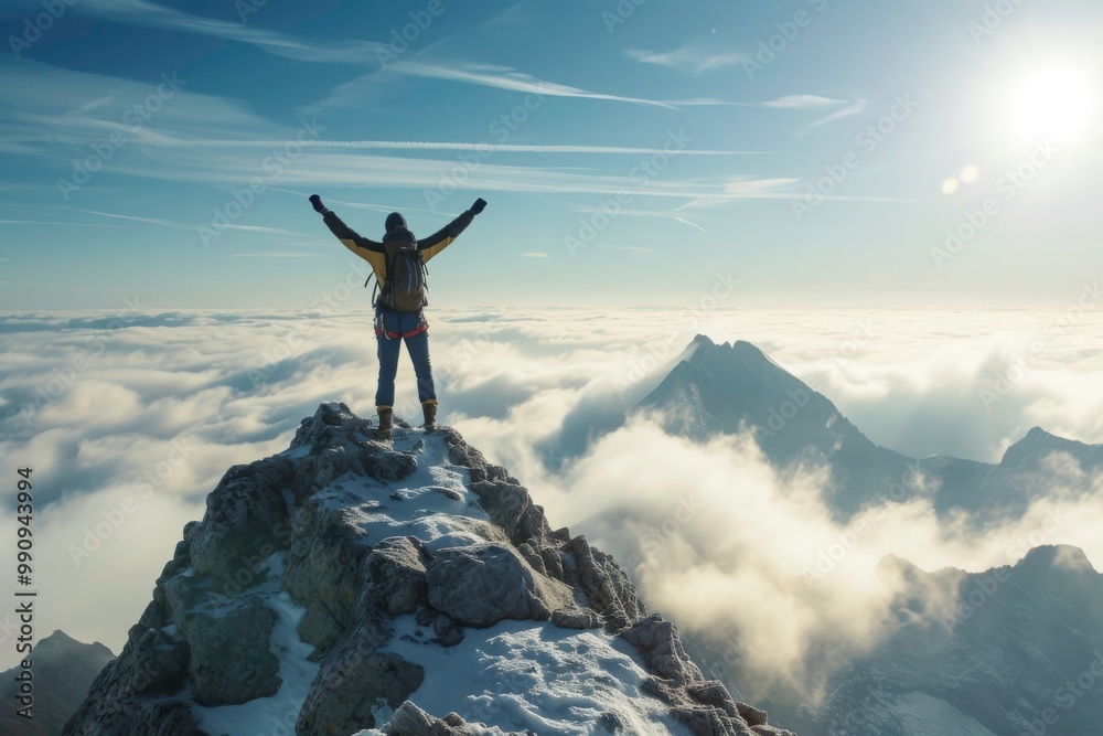 Climber standing on a mountain peak above clouds with arms raised ...
