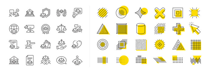 Poster - scales of justice, lawyer and judge. design shape elements. court line icons. hammer, law and petiti