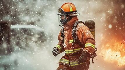 Dedicated firefighter bravely battling flames, sweat-soaked in the heat of the inferno, embodying the essence of courage and emergency rescue operations.