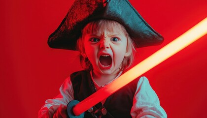 Little pirate in a detailed costume with a glowing sword, close-up, Halloween night, soft lighting, cheerful and adventurous, closes up