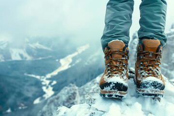 Wall Mural - A pair of hiking boots standing at the edge of a snowy mountain peak.