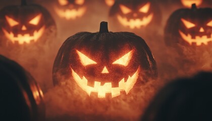 Haunted pumpkin with eerie ghost faces swirling in the glow, close-up, horror, soft misty lighting, dark gothic setting, closes up