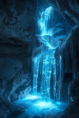 Wall Mural - A waterfall in an underground cave, with glowing blue colour lights filling the scene, surreal landscape 