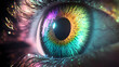 © Prasanth - Human multicolored iris of the eye animation concept. Rainbow lines after a flash scatter out of a bright white circle and forming volumetric a human eye iris and pupil. 3d rendering background in 4K