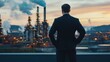 © Tanakorn - Businessman Standing on a Rooftop Overlooking an Industrial Factory at Sunset, Representing Leadership and Vision in Manufacturing