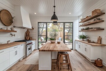 Cozy kitchen with warm wooden island and stools, open shelves displaying pottery and plants, large glass doors leading to a serene outdoor seating area.