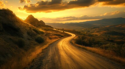 Canvas Print - A winding dirt road curves through hills at sunset, showcasing golden light and a tranquil landscape in the countryside