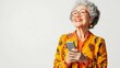 © Yulia - Photo of positive old woman use smartphone follow post repost social media news wear style stylish trendy clothing isolated over white color background