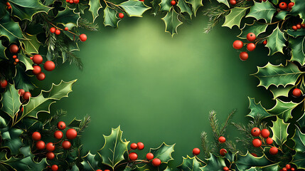 Classic Christmas background with traditional red and green colours, holly, and mistletoe