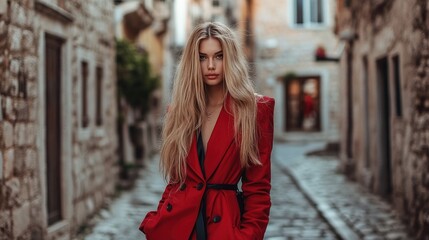 A glamour Croatian model in a high-fashion outfit, posing on a cobblestone street in a historic Croatian town