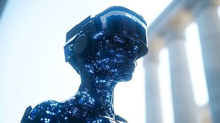 A futuristic cyborg dons a VR headset, immersed in a glowing digital landscape.