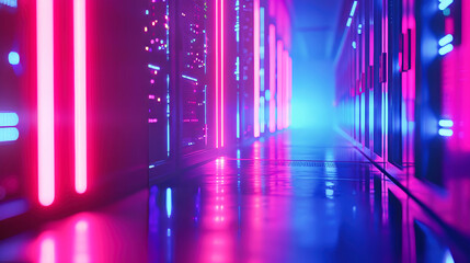 Poster - A row of computer servers in a data center. Concept of cyberspace, communication and technology.