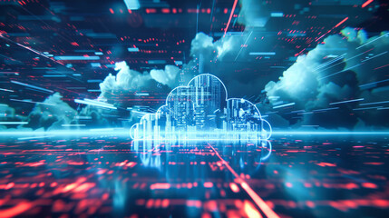 Poster - Blue abstract cloud data hologram. Cloud storage and computing concept.