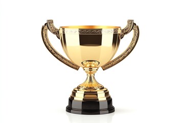 A gold trophy with two handles and a black base, isolated on a white background.